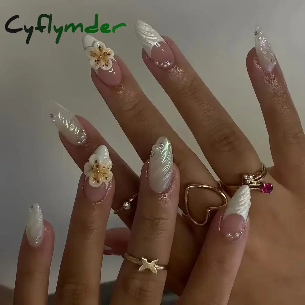 Cyflymder 24pcs Detachable Flower Almond bowknot French False Nails Stars Love Glitter Design Press on Nails Fake Nials