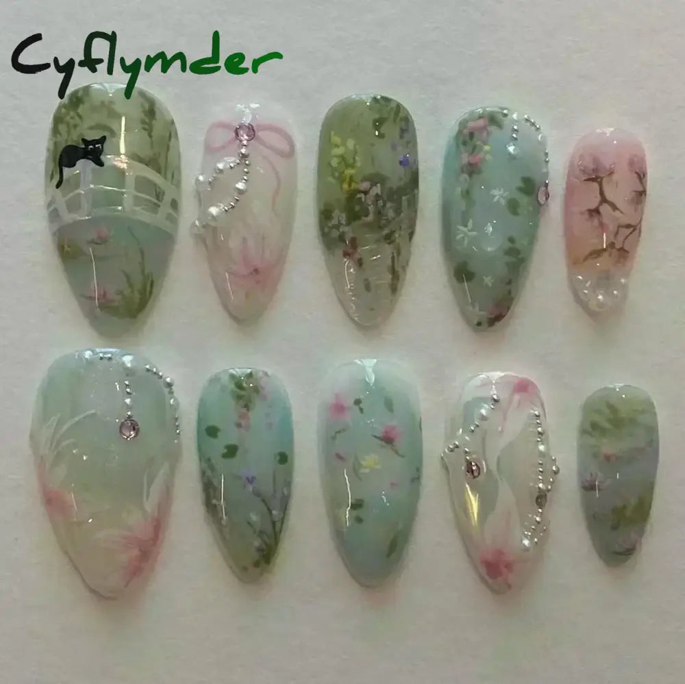 Cyflymder 24pcs Detachable Flower Almond bowknot French False Nails Stars Love Glitter Design Press on Nails Fake Nials