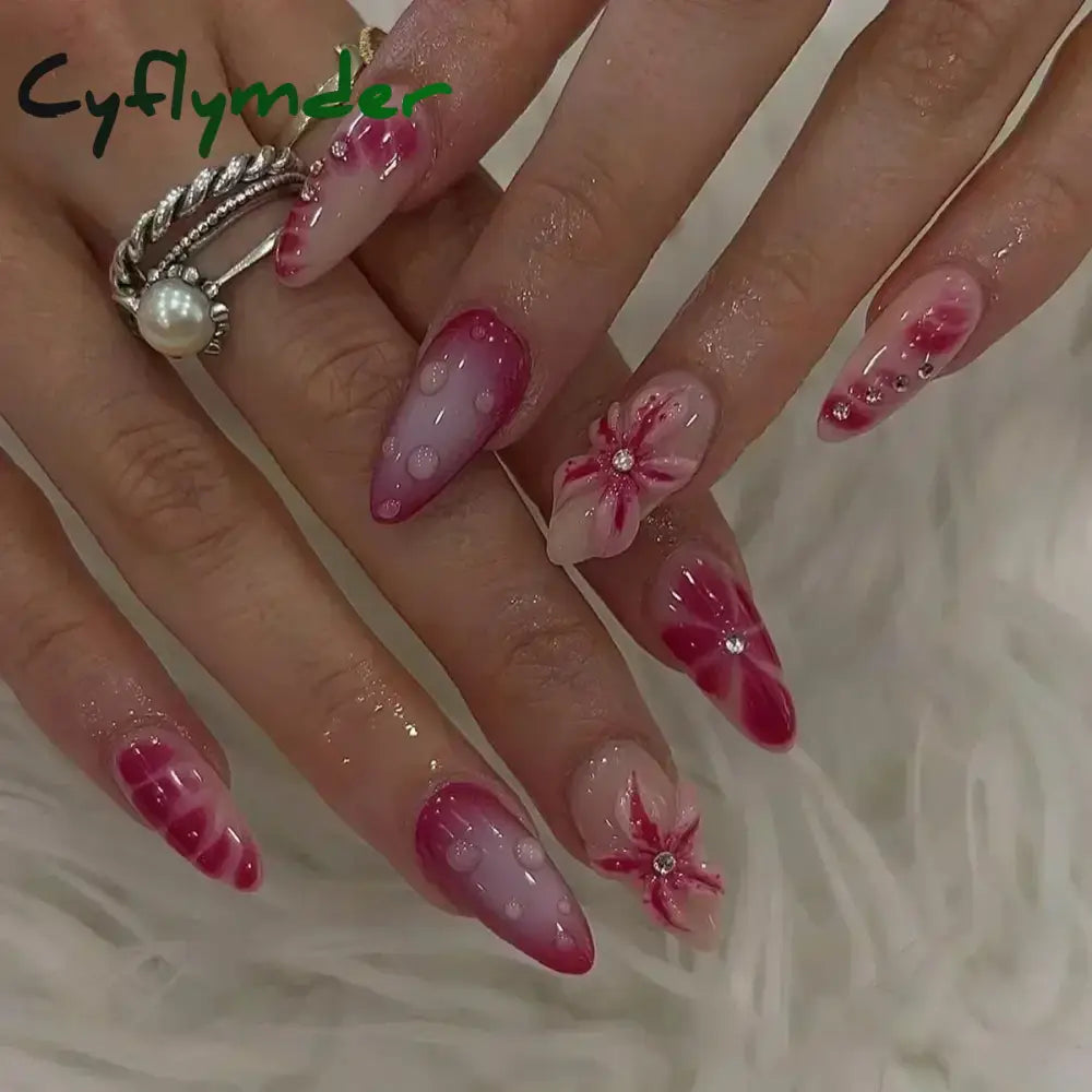 Cyflymder 24pcs Detachable Flower Almond bowknot French False Nails Stars Love Glitter Design Press on Nails Fake Nials