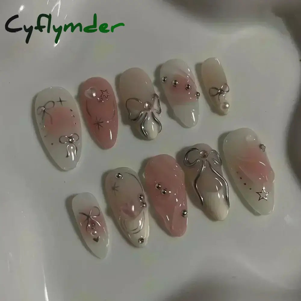 Cyflymder 24pcs Detachable Flower Almond bowknot French False Nails Stars Love Glitter Design Press on Nails Fake Nials