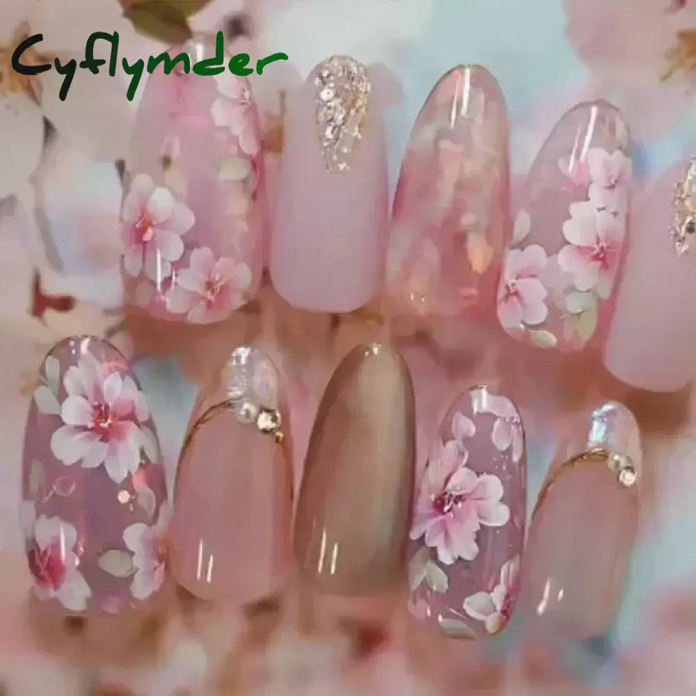 Cyflymder 24pcs Detachable Flower Almond bowknot French False Nails Stars Love Glitter Design Press on Nails Fake Nials