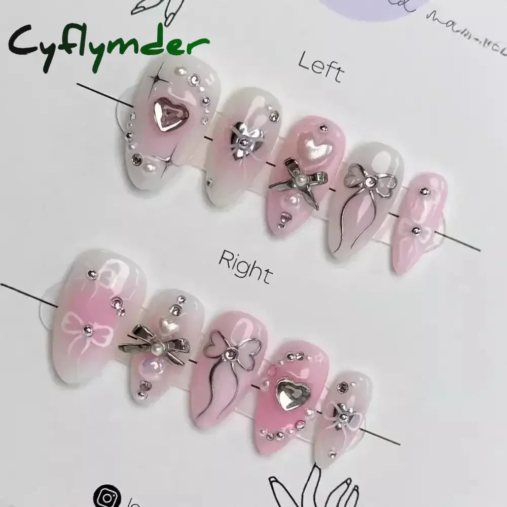 Cyflymder 24pcs Detachable Flower Almond bowknot French False Nails Stars Love Glitter Design Press on Nails Fake Nials