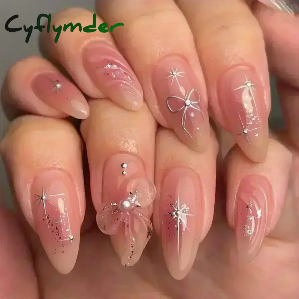 Cyflymder 24pcs Detachable Flower Almond bowknot French False Nails Stars Love Glitter Design Press on Nails Fake Nials