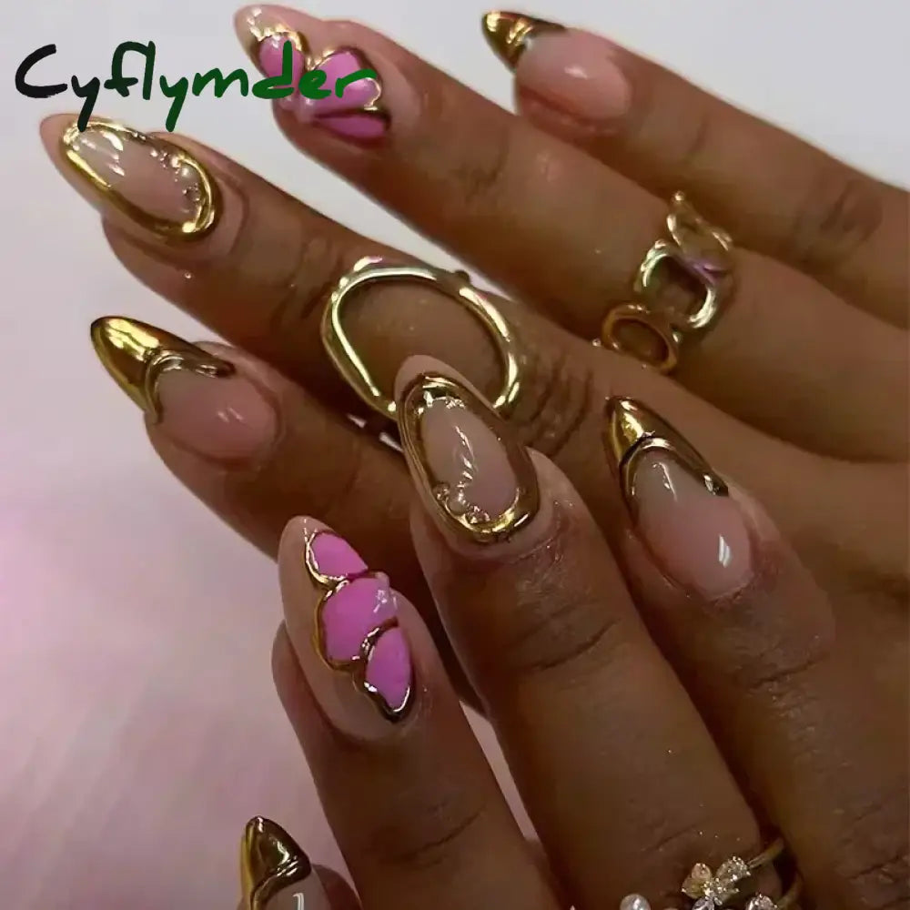 Cyflymder 24pcs Detachable Flower Almond bowknot French False Nails Stars Love Glitter Design Press on Nails Fake Nials