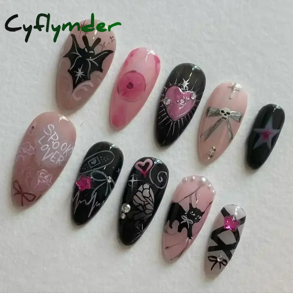 Cyflymder 24pcs Detachable Flower Almond bowknot French False Nails Stars Love Glitter Design Press on Nails Fake Nials