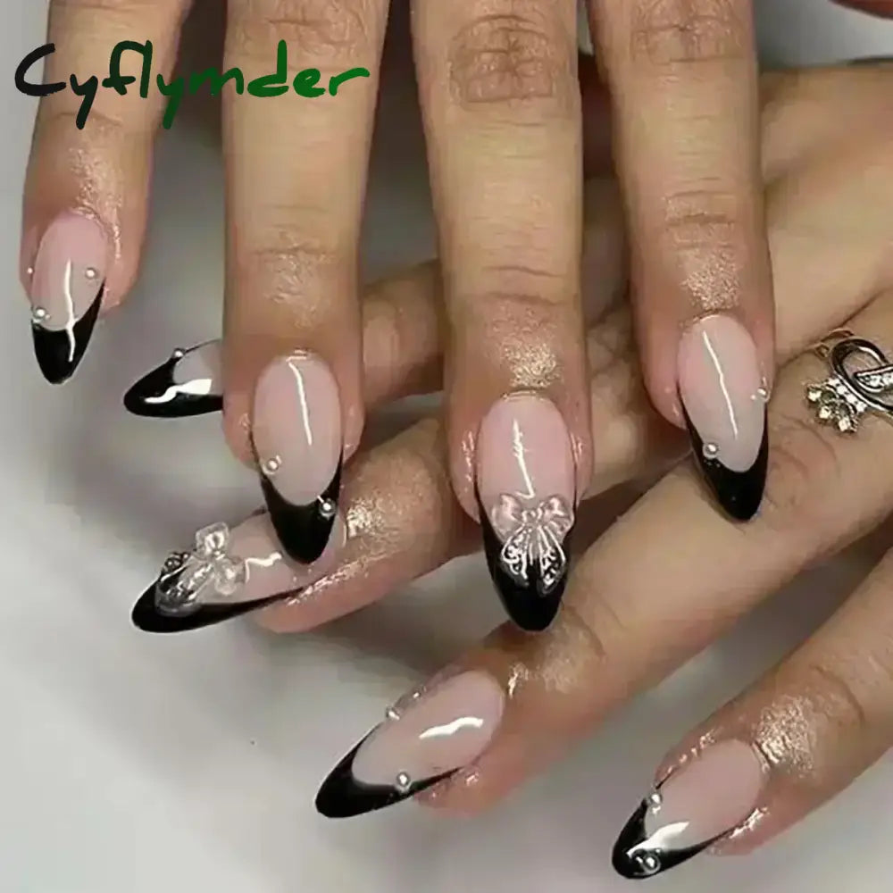 Cyflymder 24pcs Detachable Flower Almond bowknot French False Nails Stars Love Glitter Design Press on Nails Fake Nials