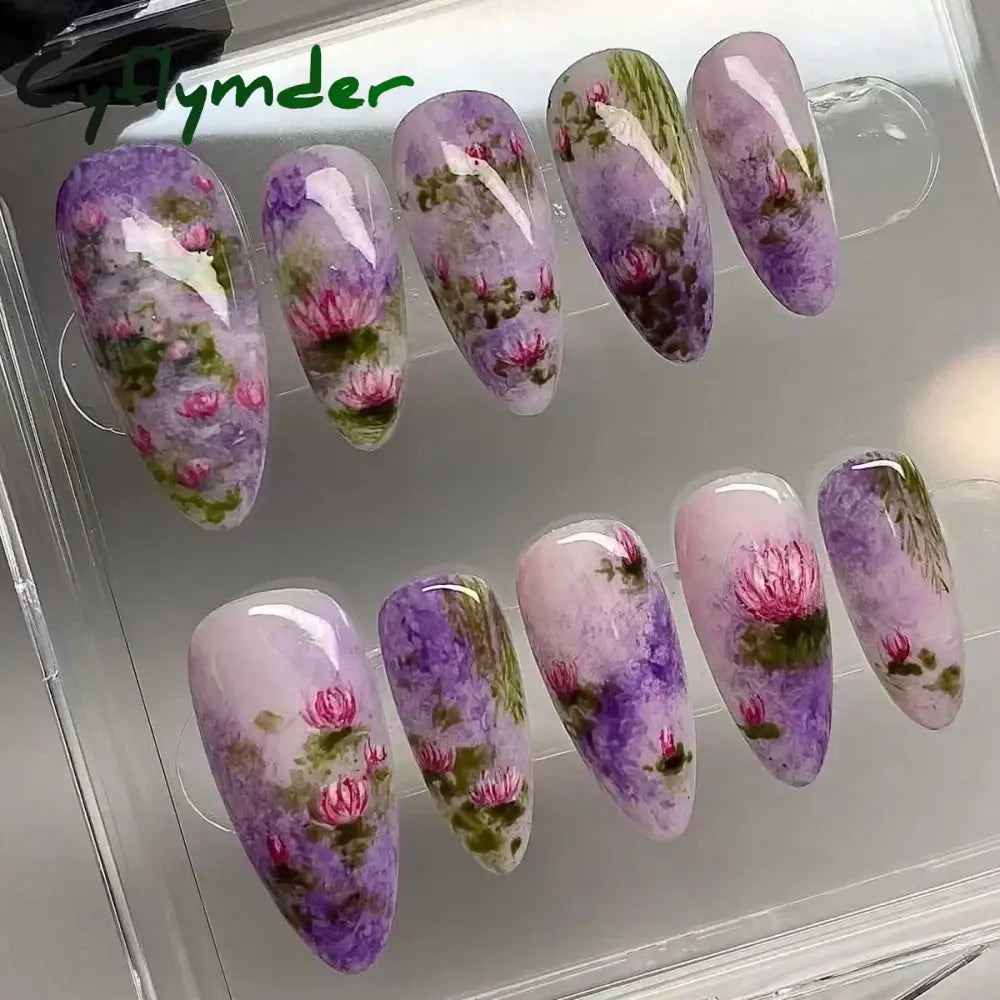 Cyflymder 24pcs Detachable Flower Almond bowknot French False Nails Stars Love Glitter Design Press on Nails Fake Nials