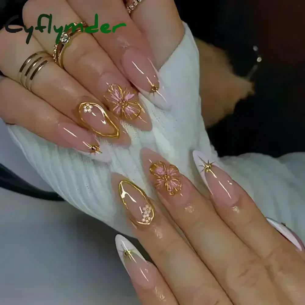 Cyflymder 24pcs Detachable Flower Almond bowknot French False Nails Stars Love Glitter Design Press on Nails Fake Nials