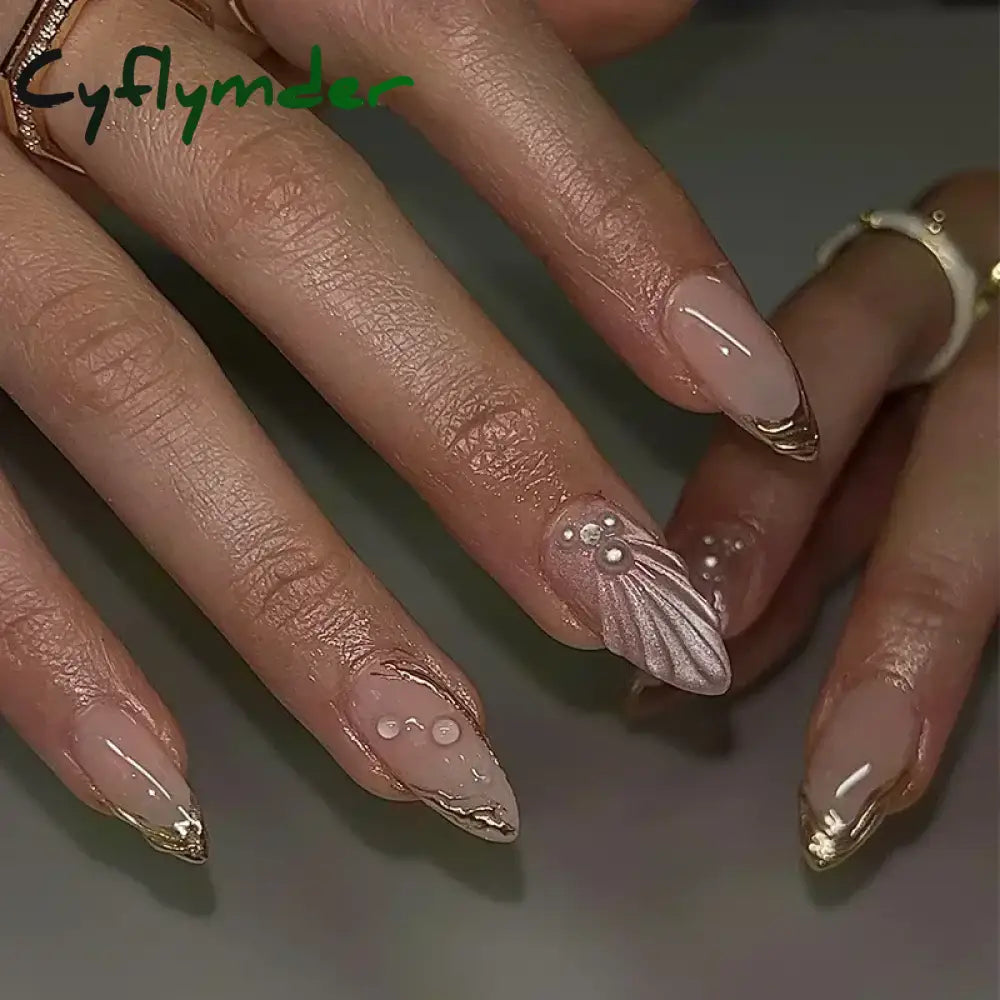 Cyflymder 24pcs Detachable Flower Almond bowknot French False Nails Stars Love Glitter Design Press on Nails Fake Nials