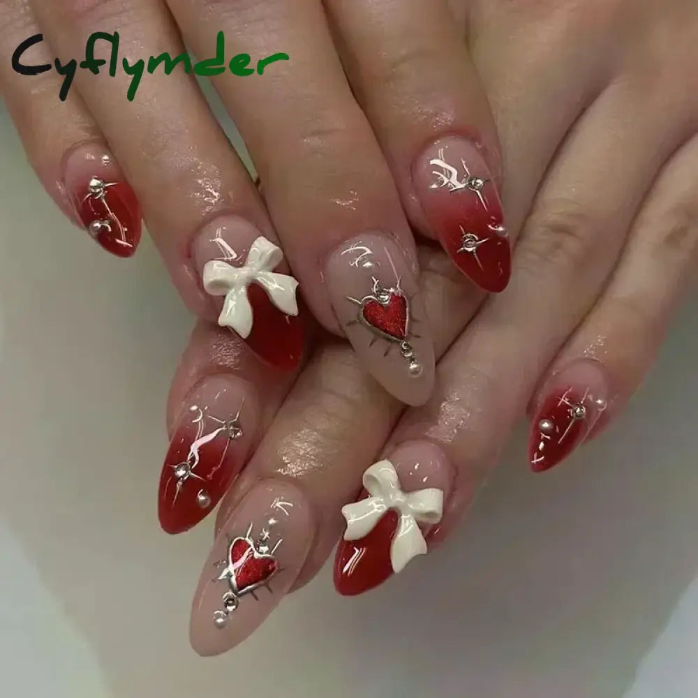 Cyflymder 24pcs Detachable Flower Almond bowknot French False Nails Stars Love Glitter Design Press on Nails Fake Nials