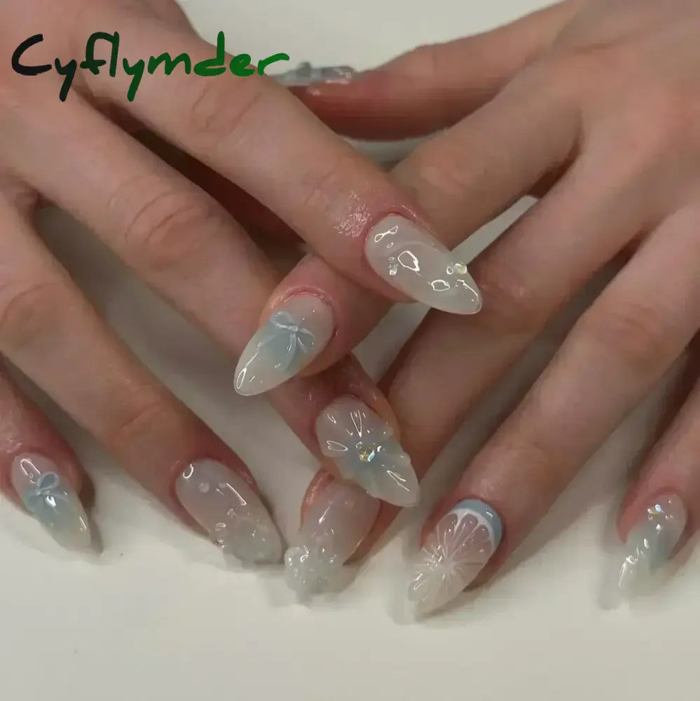 Cyflymder 24pcs Detachable Flower Almond bowknot French False Nails Stars Love Glitter Design Press on Nails Fake Nials