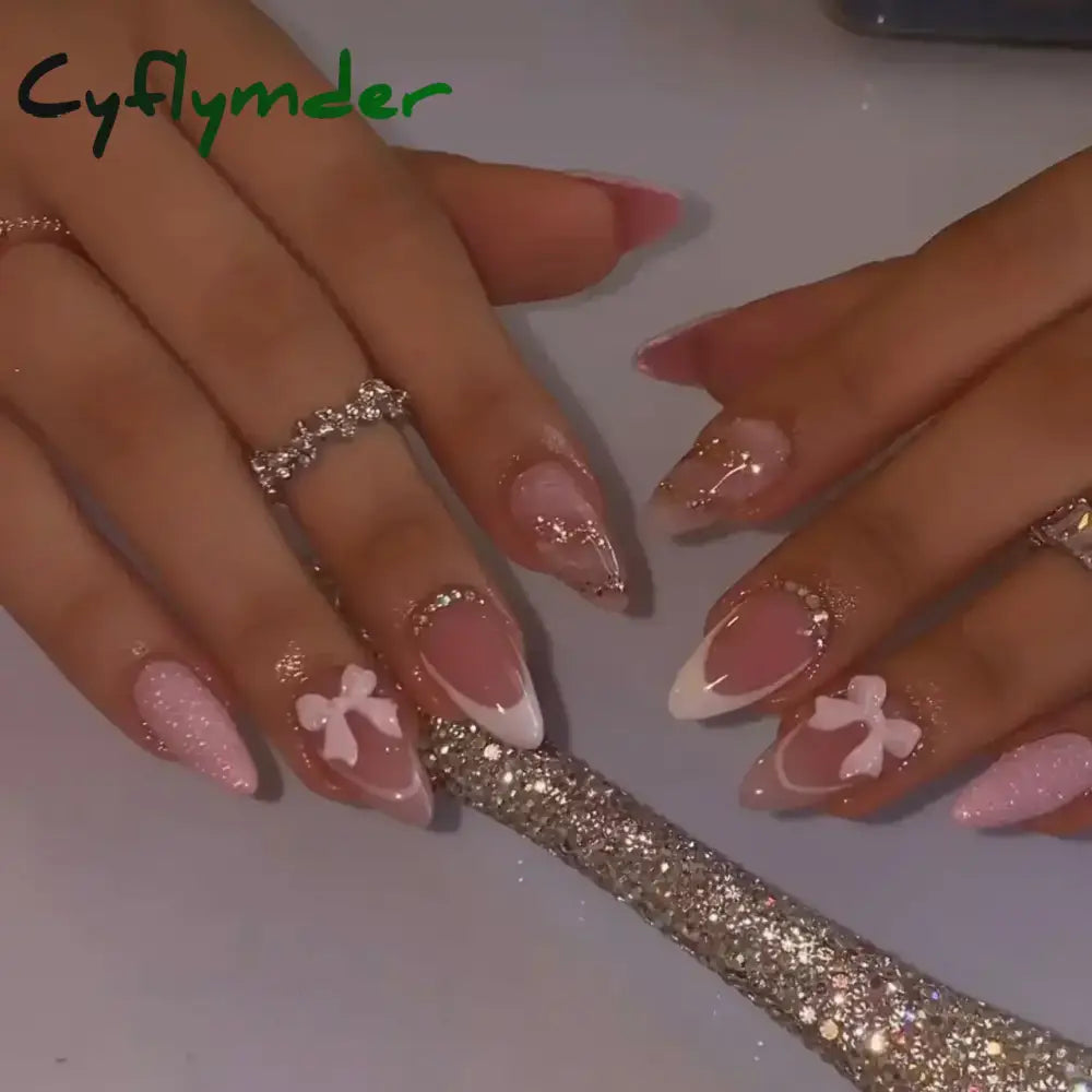 Cyflymder 24pcs Detachable Flower Almond bowknot French False Nails Stars Love Glitter Design Press on Nails Fake Nials