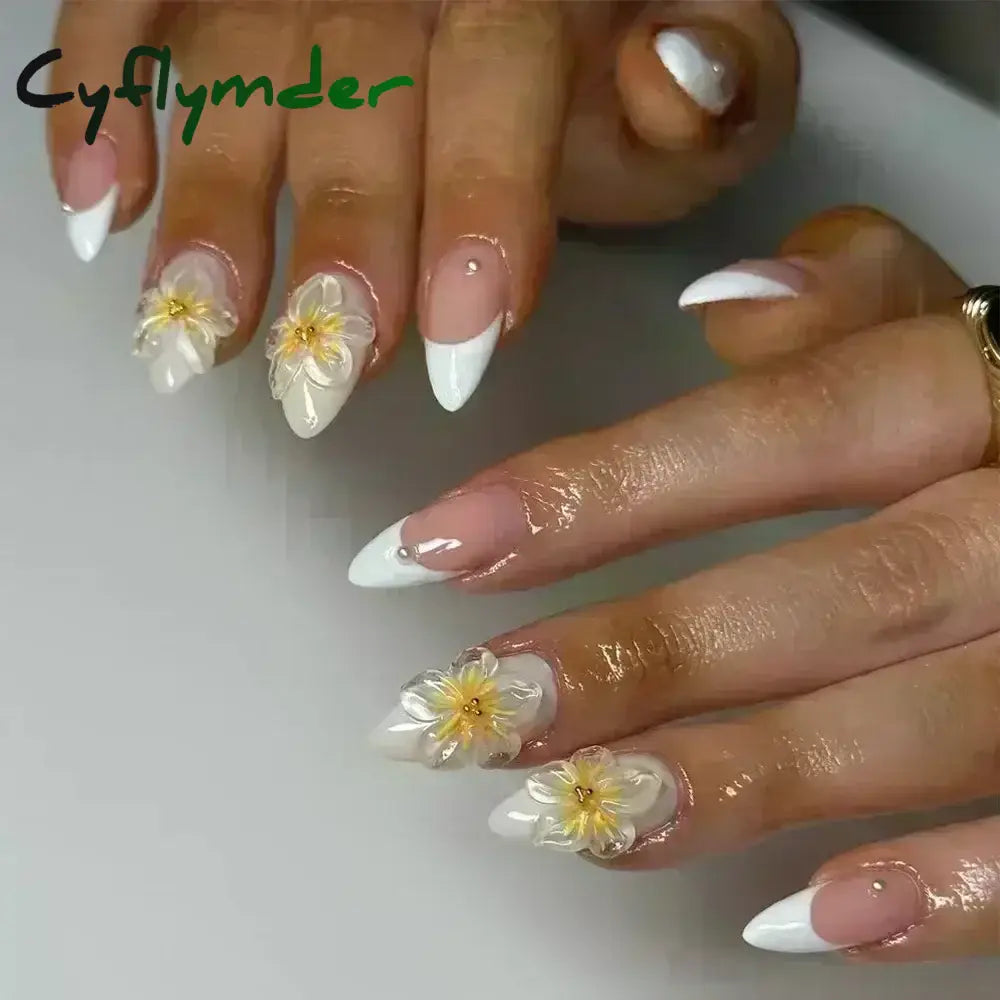 Cyflymder 24pcs Detachable Flower Almond bowknot French False Nails Stars Love Glitter Design Press on Nails Fake Nials