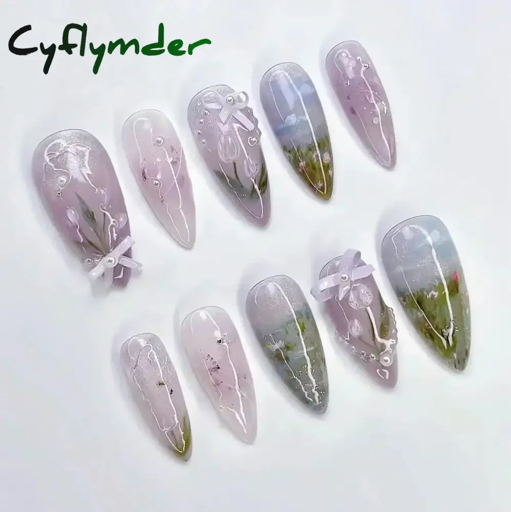 Cyflymder 24pcs Detachable Flower Almond bowknot French False Nails Stars Love Glitter Design Press on Nails Fake Nials