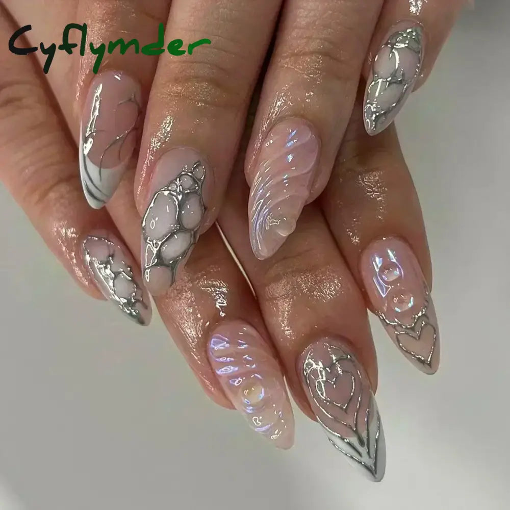 Cyflymder 24pcs Detachable Flower Almond bowknot French False Nails Stars Love Glitter Design Press on Nails Fake Nials