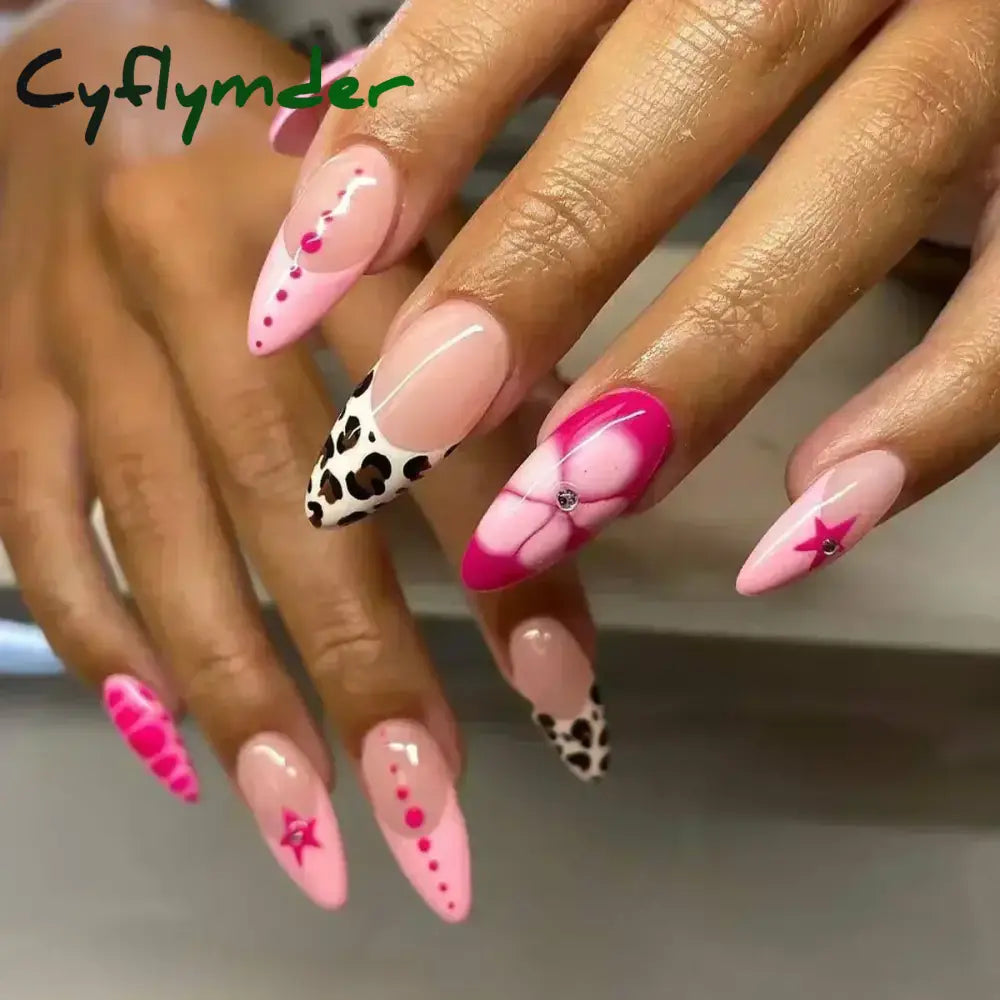 Cyflymder 24pcs Detachable Flower Almond bowknot French False Nails Stars Love Glitter Design Press on Nails Fake Nials