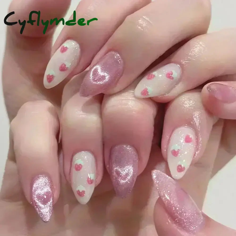 Cyflymder 24pcs Detachable Flower Almond bowknot French False Nails Stars Love Glitter Design Press on Nails Fake Nials