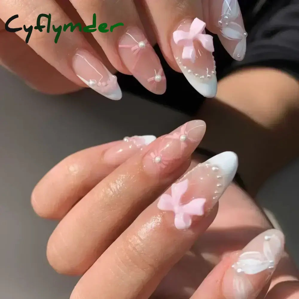 Cyflymder 24pcs Detachable Flower Almond bowknot French False Nails Stars Love Glitter Design Press on Nails Fake Nials