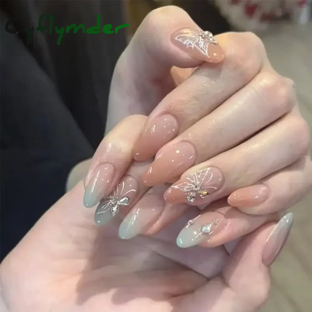 Cyflymder 24pcs Detachable Flower Almond bowknot French False Nails Stars Love Glitter Design Press on Nails Fake Nials