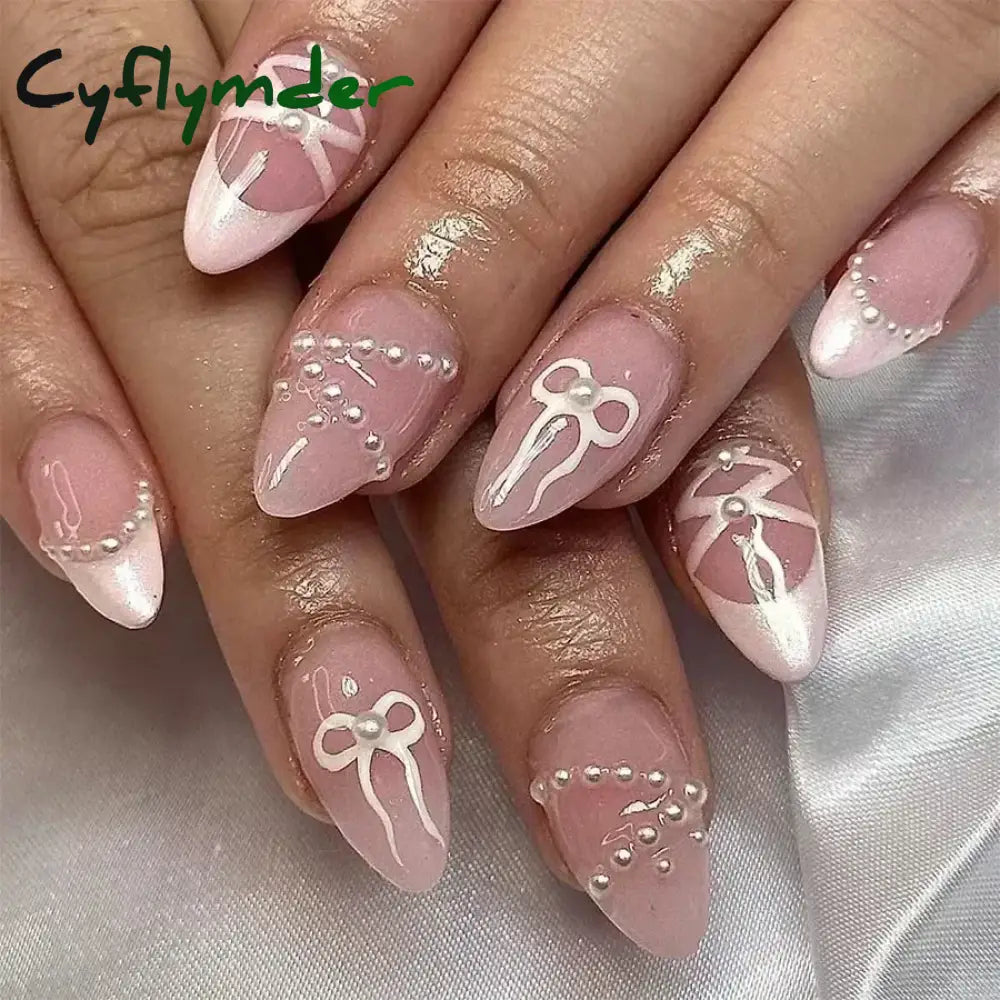 Cyflymder 24pcs Detachable Flower Almond bowknot French False Nails Stars Love Glitter Design Press on Nails Fake Nials