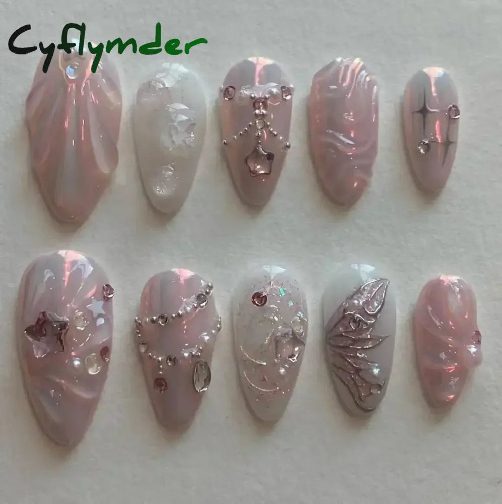 Cyflymder 24pcs Detachable Flower Almond bowknot French False Nails Stars Love Glitter Design Press on Nails Fake Nials