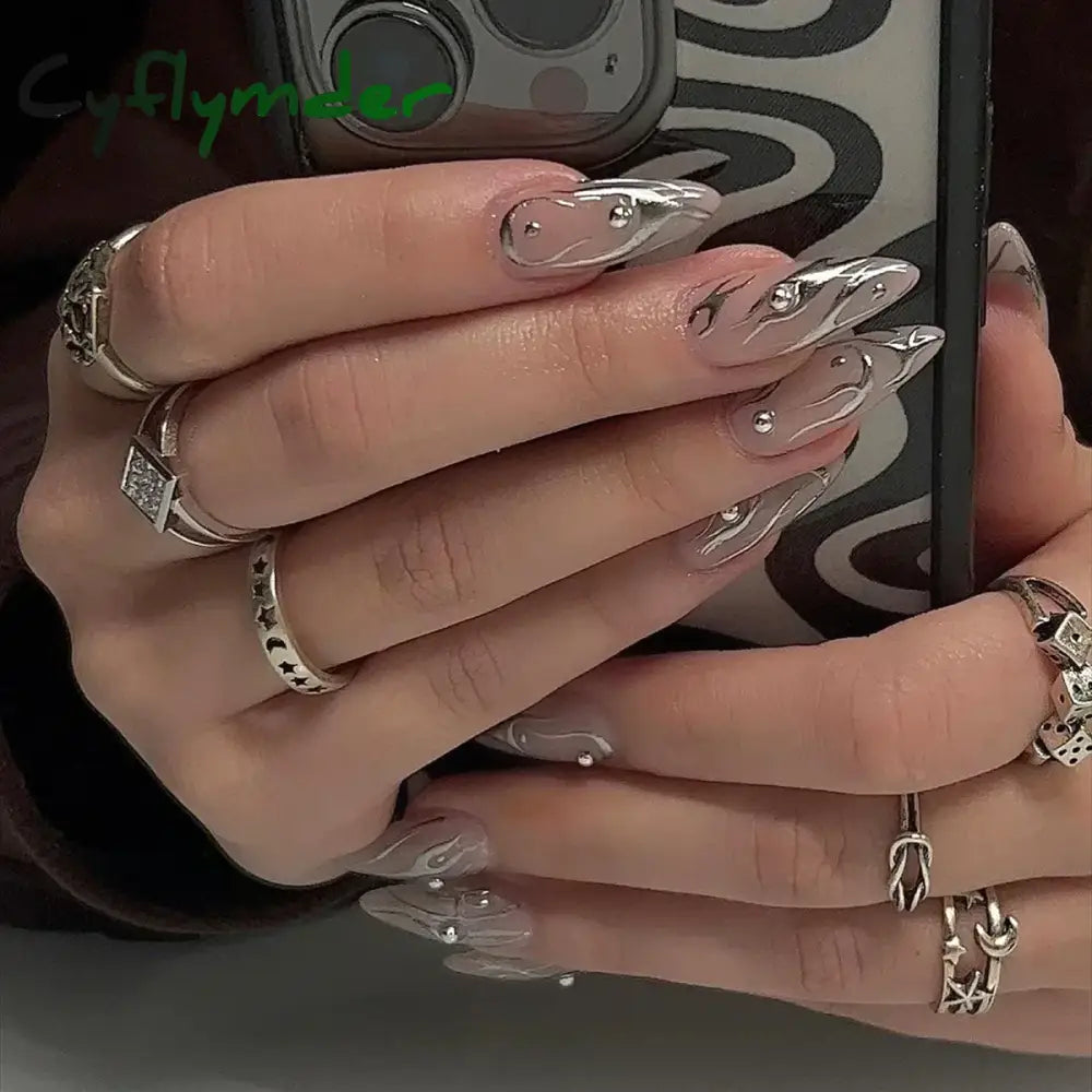 Cyflymder 24pcs Detachable Flower Almond bowknot French False Nails Stars Love Glitter Design Press on Nails Fake Nials