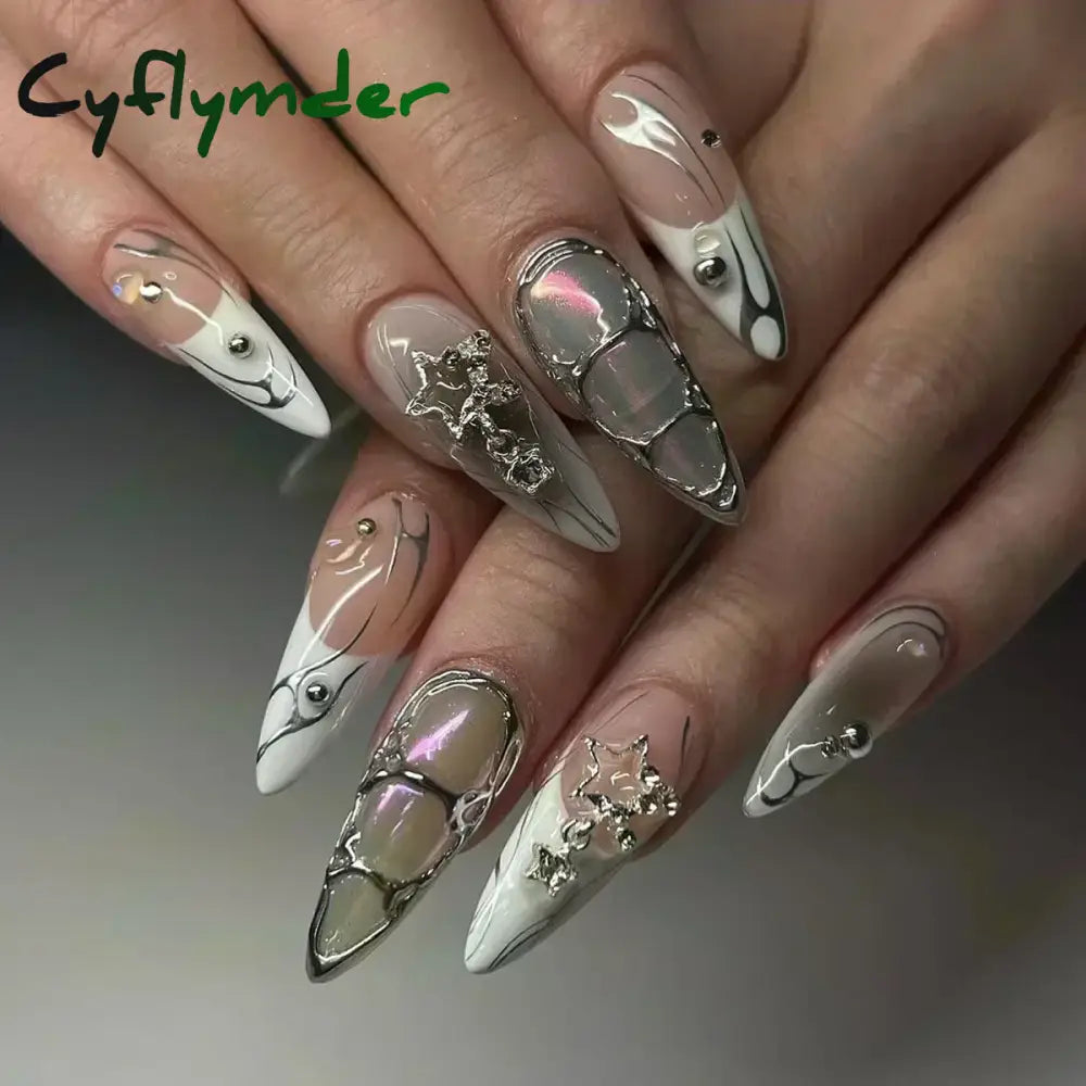 Cyflymder 24pcs Detachable Flower Almond bowknot French False Nails Stars Love Glitter Design Press on Nails Fake Nials