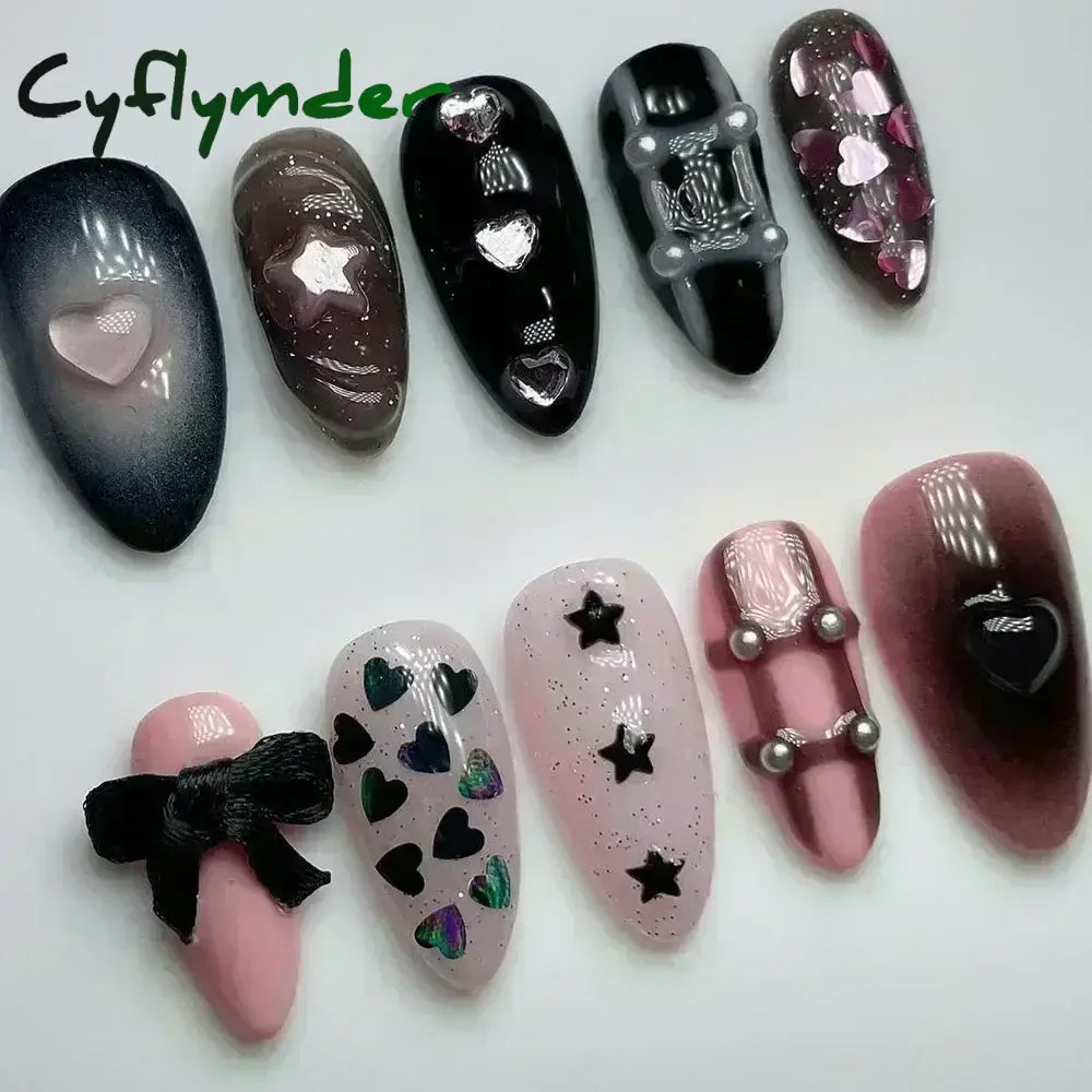 Cyflymder 24pcs Detachable Flower Almond bowknot French False Nails Stars Love Glitter Design Press on Nails Fake Nials