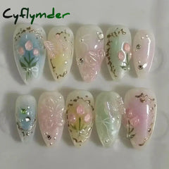 Cyflymder 24pcs Detachable Flower Almond bowknot French False Nails Stars Love Glitter Design Press on Nails Fake Nials