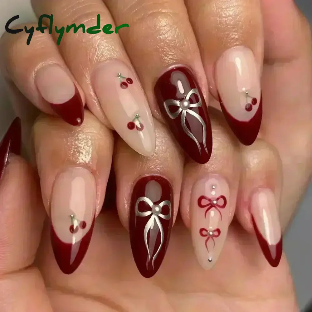 Cyflymder 24pcs Detachable Flower Almond bowknot French False Nails Stars Love Glitter Design Press on Nails Fake Nials