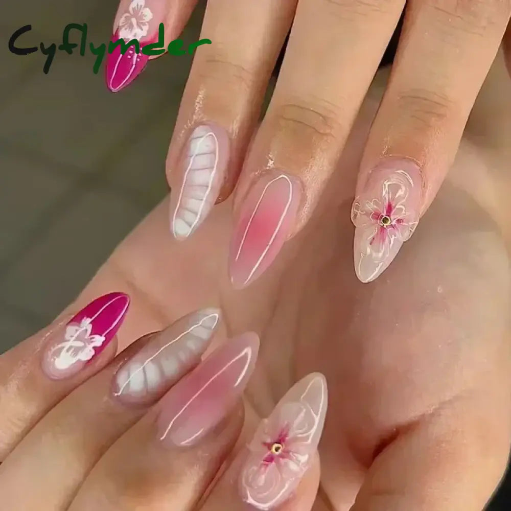 Cyflymder 24pcs Detachable Flower Almond bowknot French False Nails Stars Love Glitter Design Press on Nails Fake Nials