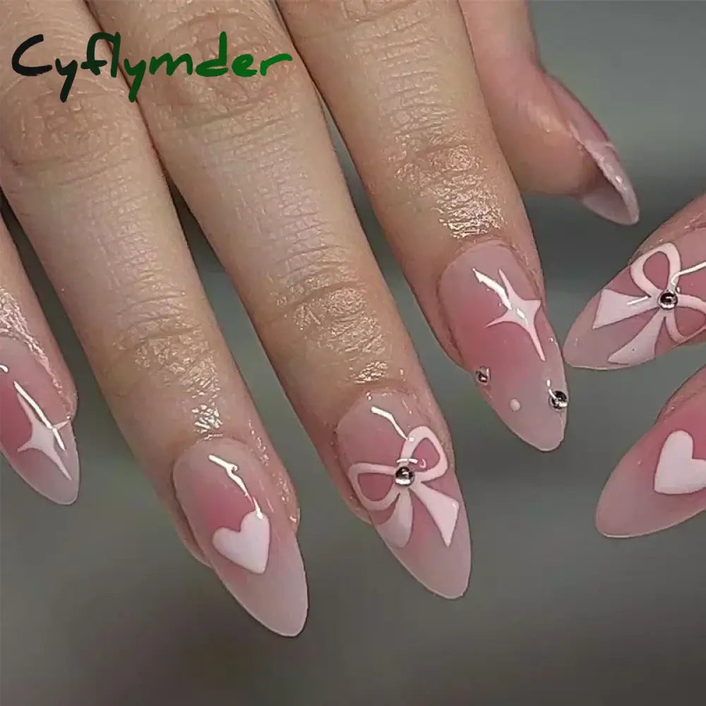 Cyflymder 24pcs Detachable Flower Almond bowknot French False Nails Stars Love Glitter Design Press on Nails Fake Nials