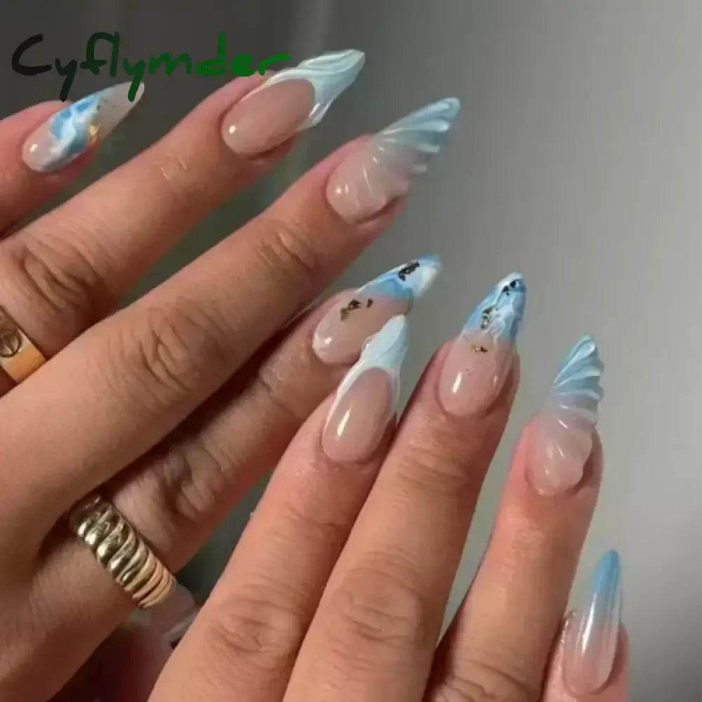 Cyflymder 24pcs Detachable Flower Almond bowknot French False Nails Stars Love Glitter Design Press on Nails Fake Nials