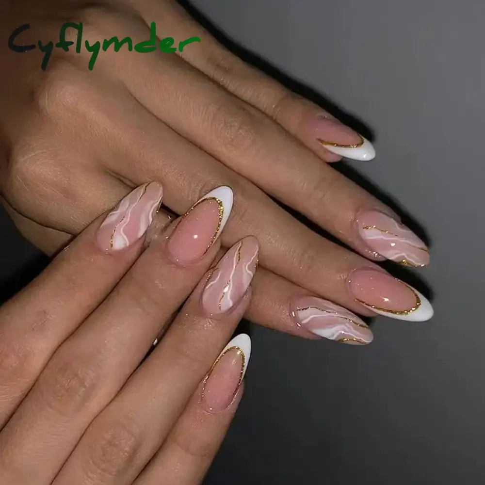 Cyflymder 24pcs Detachable Flower Almond bowknot French False Nails Stars Love Glitter Design Press on Nails Fake Nials