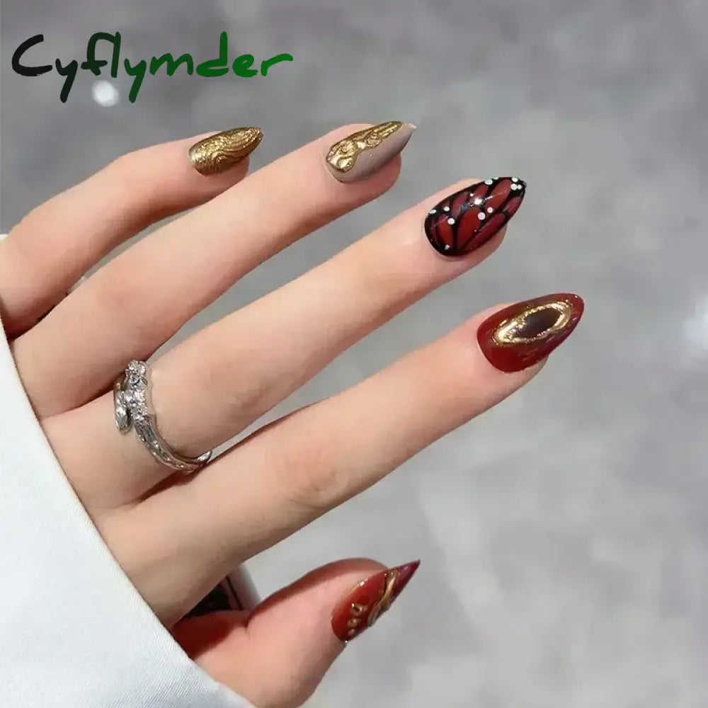 Cyflymder 24pcs Detachable Flower Almond bowknot French False Nails Stars Love Glitter Design Press on Nails Fake Nials