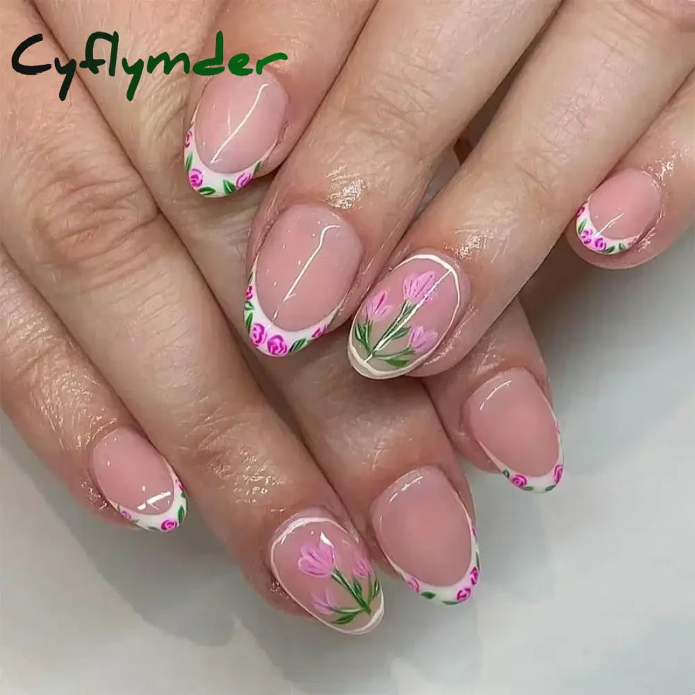 Cyflymder 24pcs Detachable Flower Almond bowknot French False Nails Stars Love Glitter Design Press on Nails Fake Nials