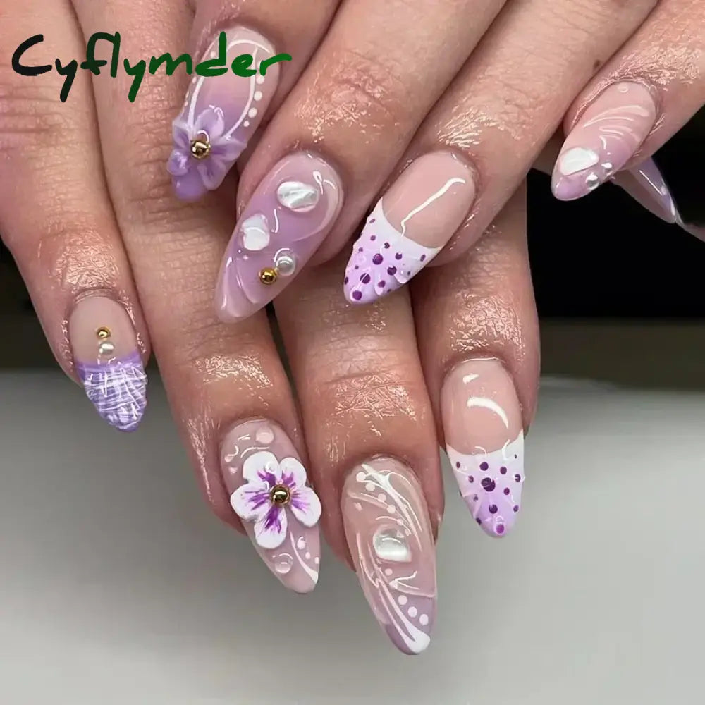 Cyflymder 24pcs Detachable Flower Almond bowknot French False Nails Stars Love Glitter Design Press on Nails Fake Nials