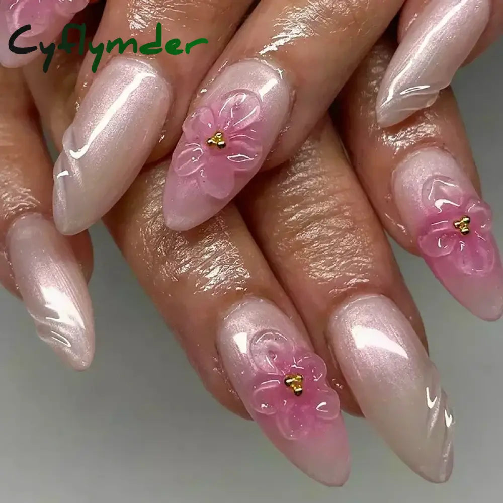 Cyflymder 24pcs Detachable Flower Almond bowknot French False Nails Stars Love Glitter Design Press on Nails Fake Nials