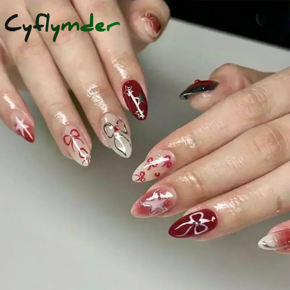 Cyflymder 24pcs Detachable Flower Almond bowknot French False Nails Stars Love Glitter Design Press on Nails Fake Nials