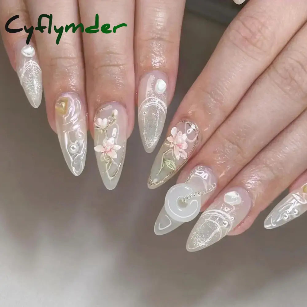 Cyflymder 24pcs Detachable Flower Almond bowknot French False Nails Stars Love Glitter Design Press on Nails Fake Nials