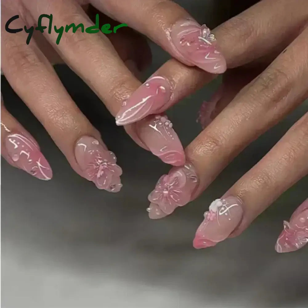 Cyflymder 24pcs Detachable Flower Almond bowknot French False Nails Stars Love Glitter Design Press on Nails Fake Nials