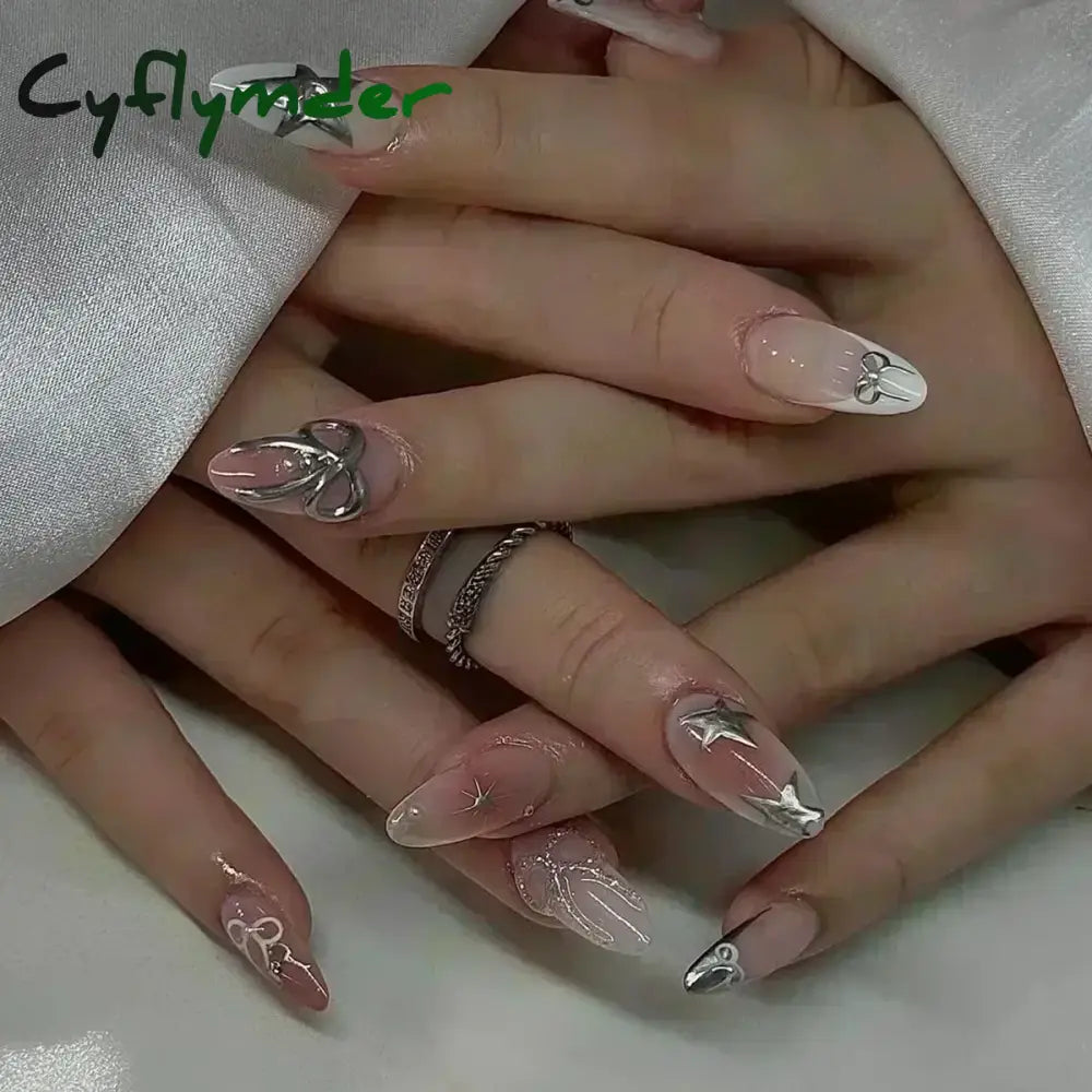 Cyflymder 24pcs Detachable Flower Almond bowknot French False Nails Stars Love Glitter Design Press on Nails Fake Nials