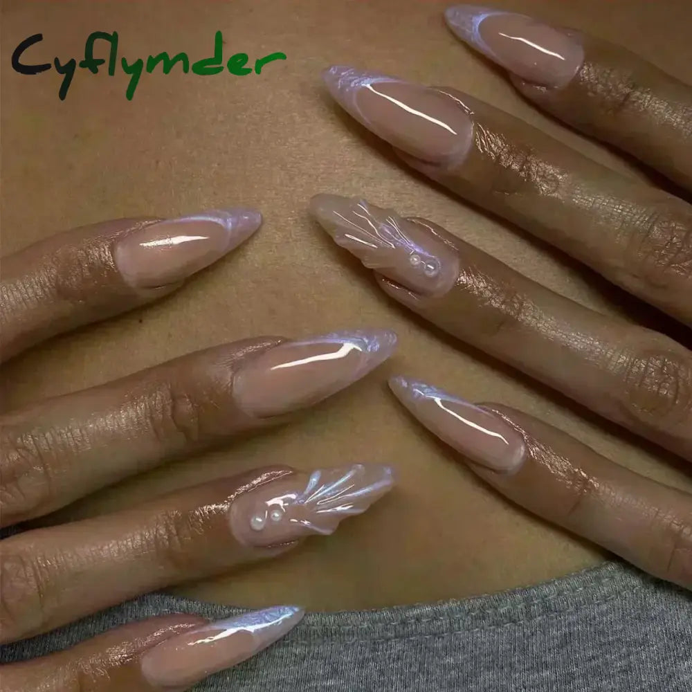 Cyflymder 24pcs Detachable Flower Almond bowknot French False Nails Stars Love Glitter Design Press on Nails Fake Nials