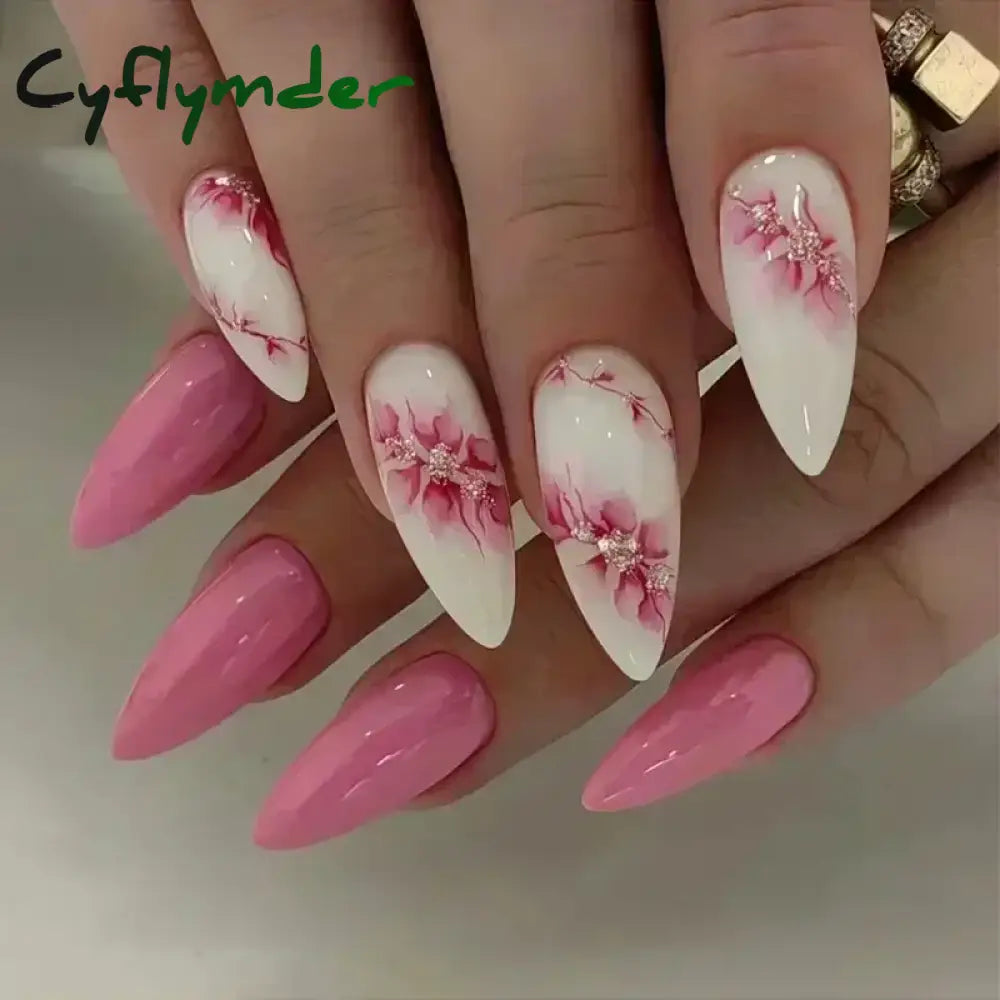 Cyflymder 24pcs Detachable Flower Almond bowknot French False Nails Stars Love Glitter Design Press on Nails Fake Nials