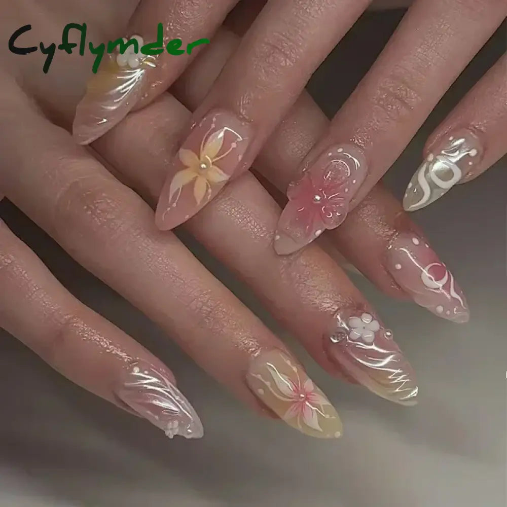 Cyflymder 24pcs Detachable Flower Almond bowknot French False Nails Stars Love Glitter Design Press on Nails Fake Nials