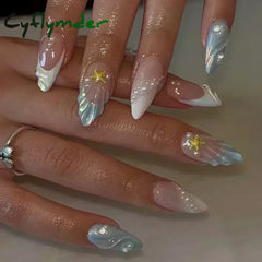 Cyflymder 24pcs Detachable Flower Almond bowknot French False Nails Stars Love Glitter Design Press on Nails Fake Nials