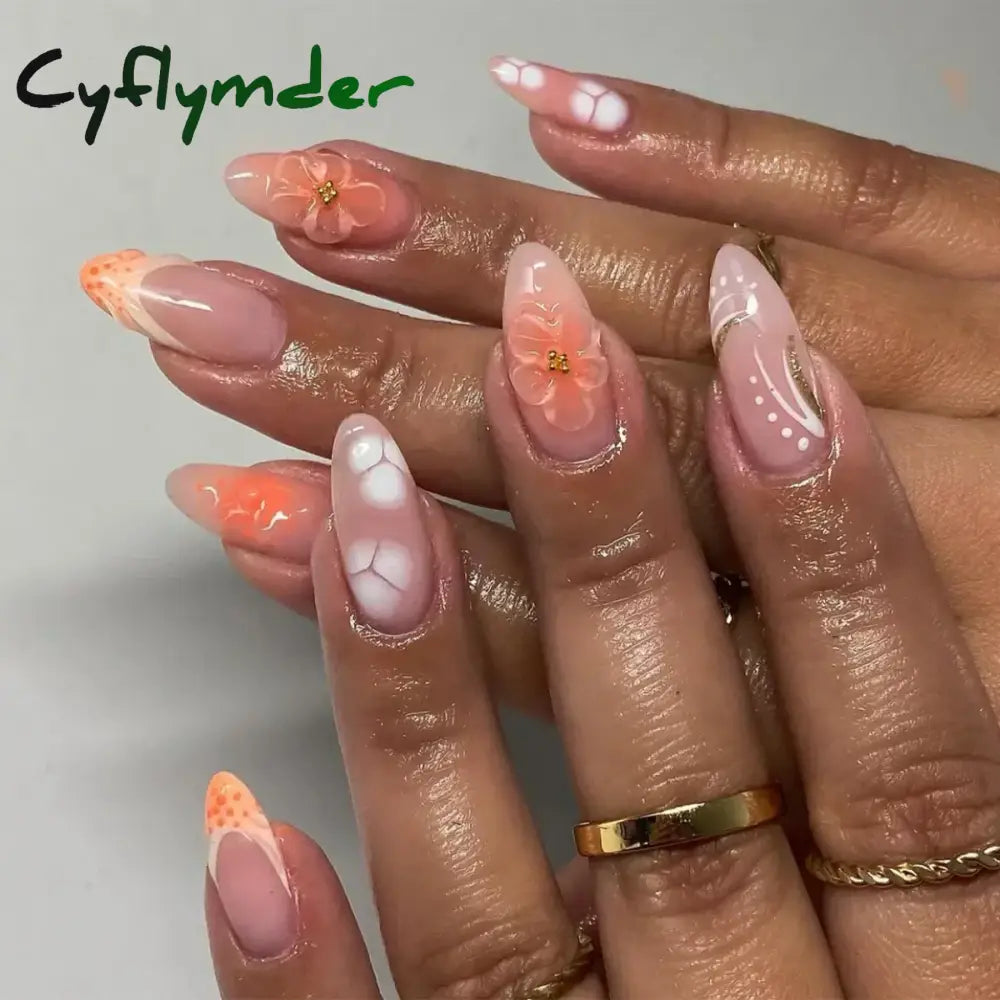 Cyflymder 24pcs Detachable Flower Almond bowknot French False Nails Stars Love Glitter Design Press on Nails Fake Nials