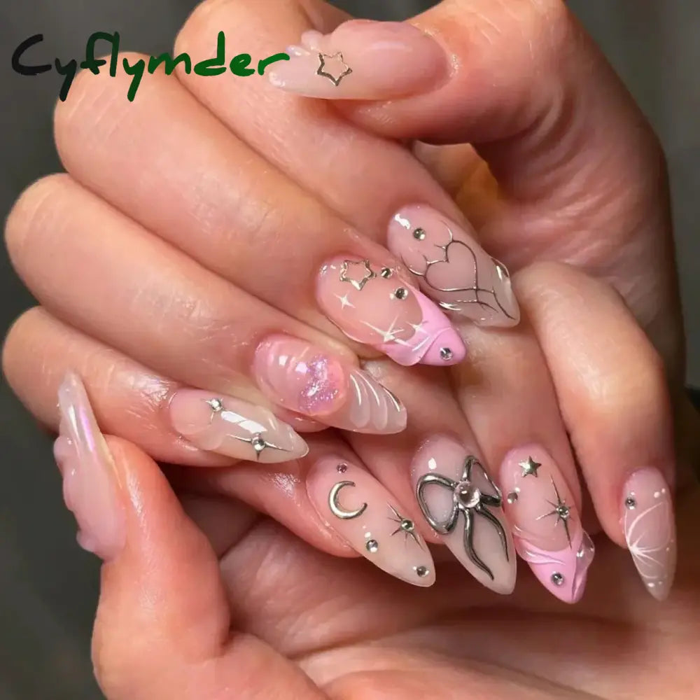 Cyflymder 24pcs Detachable Flower Almond bowknot French False Nails Stars Love Glitter Design Press on Nails Fake Nials