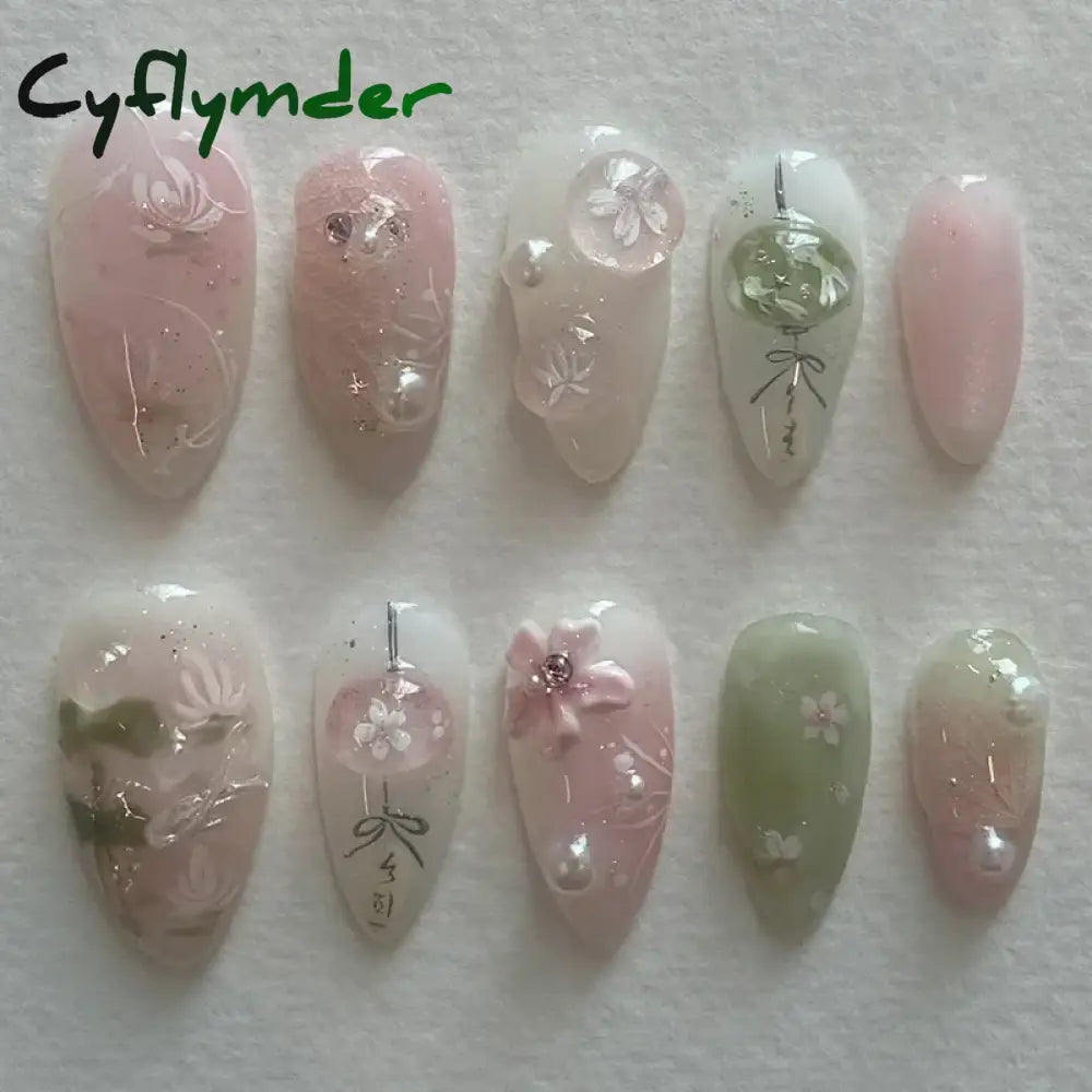 Cyflymder 24pcs Detachable Flower Almond bowknot French False Nails Stars Love Glitter Design Press on Nails Fake Nials