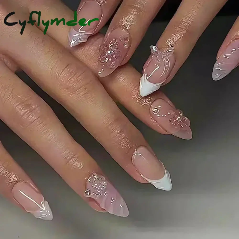 Cyflymder 24pcs Detachable Flower Almond bowknot French False Nails Stars Love Glitter Design Press on Nails Fake Nials